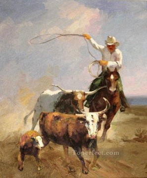 Toperfect オリジナルアート Painting - カウハードと3頭の牛 西部オリジナル
